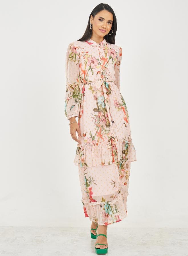 Styli Floral Tiered Maxi Dress with Tie Waist 7007587720 - Image 1