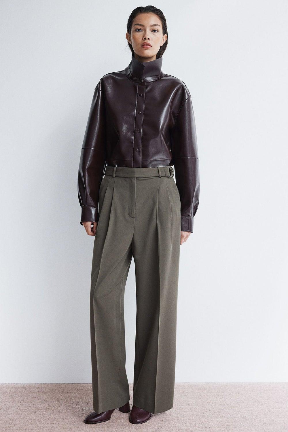 Olive High-Rise Wide-Leg Belted Trousers - Image 1