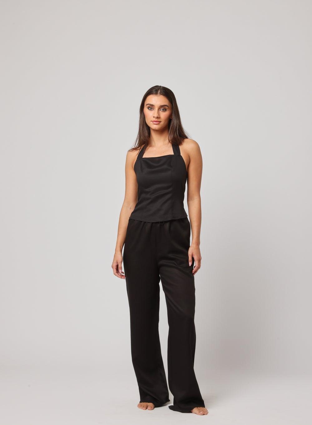 Saanj Black Linen Wide-Leg Trousers with Subtle Sheen - Image 1