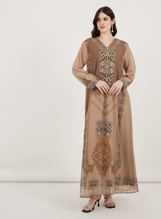 Damask Print Studded Georgette Maxi Kaftan 7010766120 - Image 1