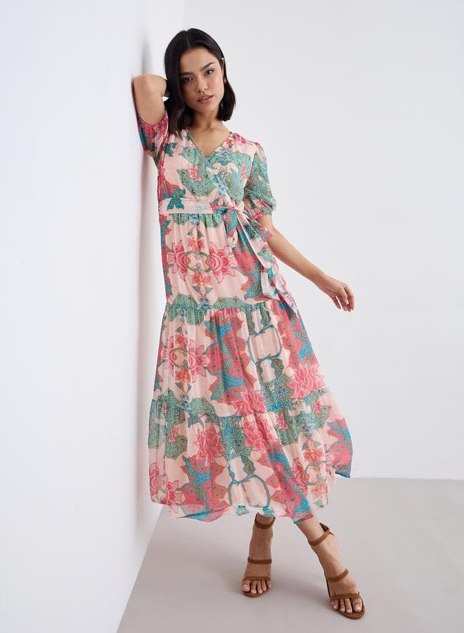 Styli Pink Floral Tiered Maxi Wrap Dress - Image 1