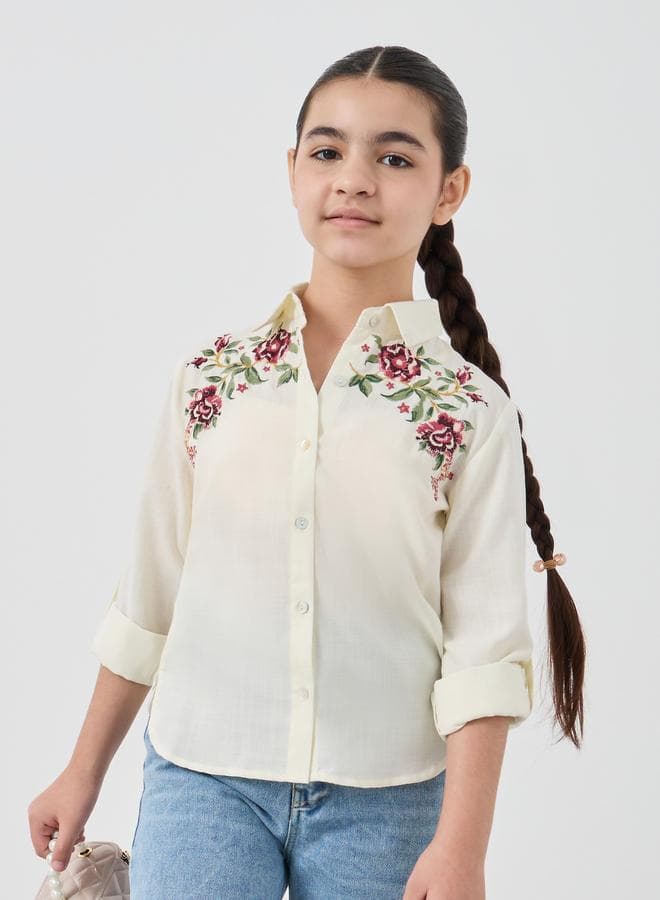 Girls Embroidered Roll-Up Sleeve White Shirt - Image 1