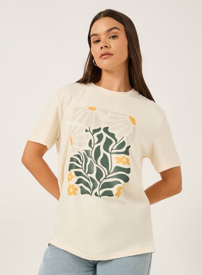 Beige Graphic Print Round Neck Casual T-Shirt 7016406202 - Image 1
