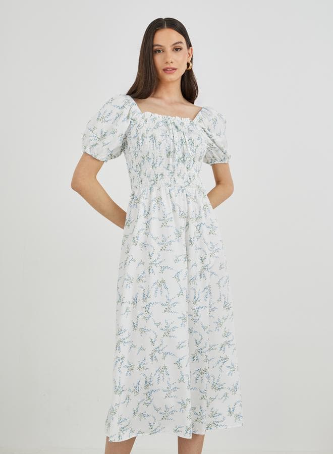 Floral Puff Sleeve Smocked Midi Dress in White Blue - Image 1