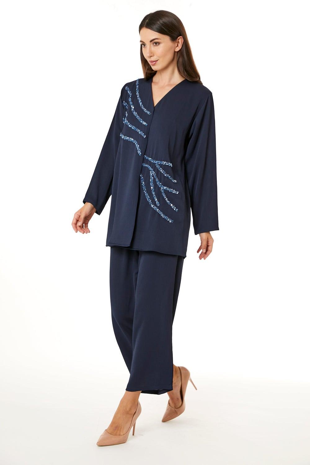 Navy Embellished V-Neck Top & Pant Set - Image 1