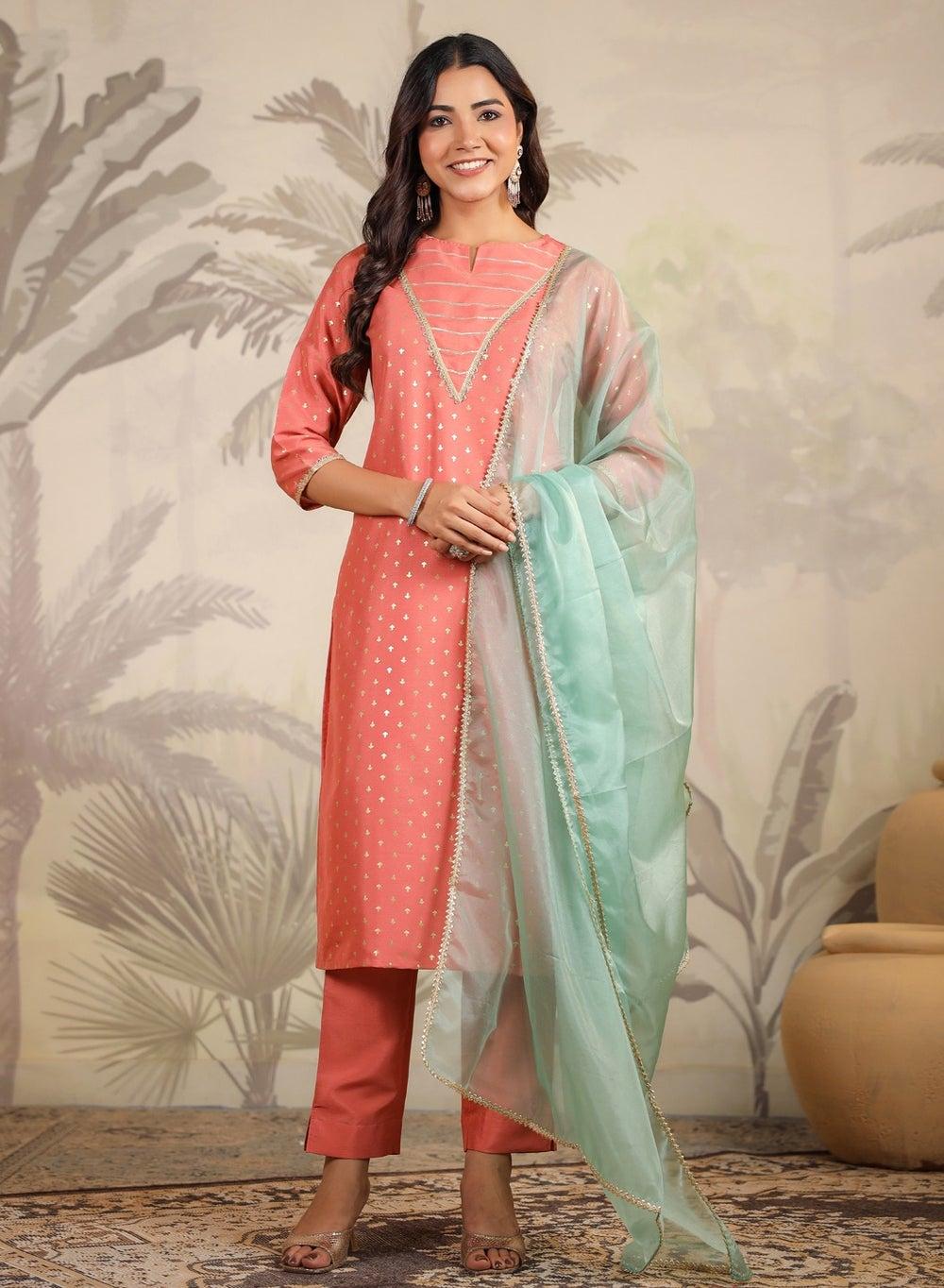 Peach Silk Printed Kurta Set with Dupatta - Image 1