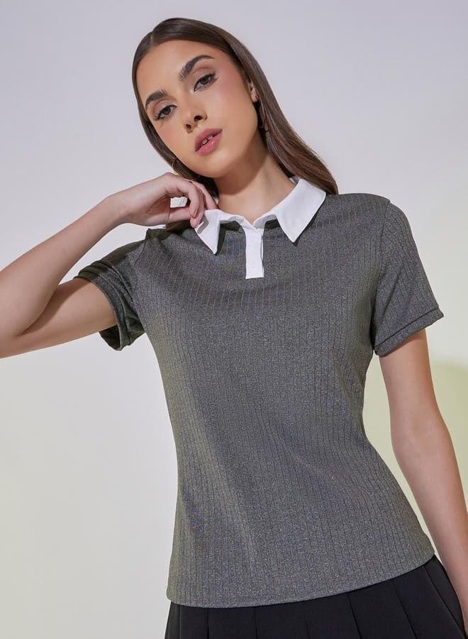 Grey Rib Knit Contrast Collar Slim Polo - Image 1
