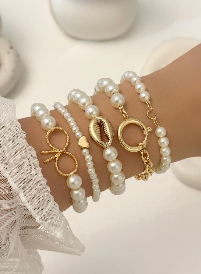 Take Two Set of 5 Gold Faux Pearl Bracelets - Image 1