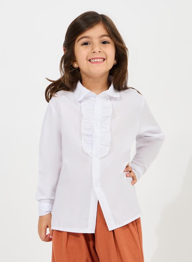 Styli 2111358736White Ruffle Detail Long Sleeve Shirt - Image 1