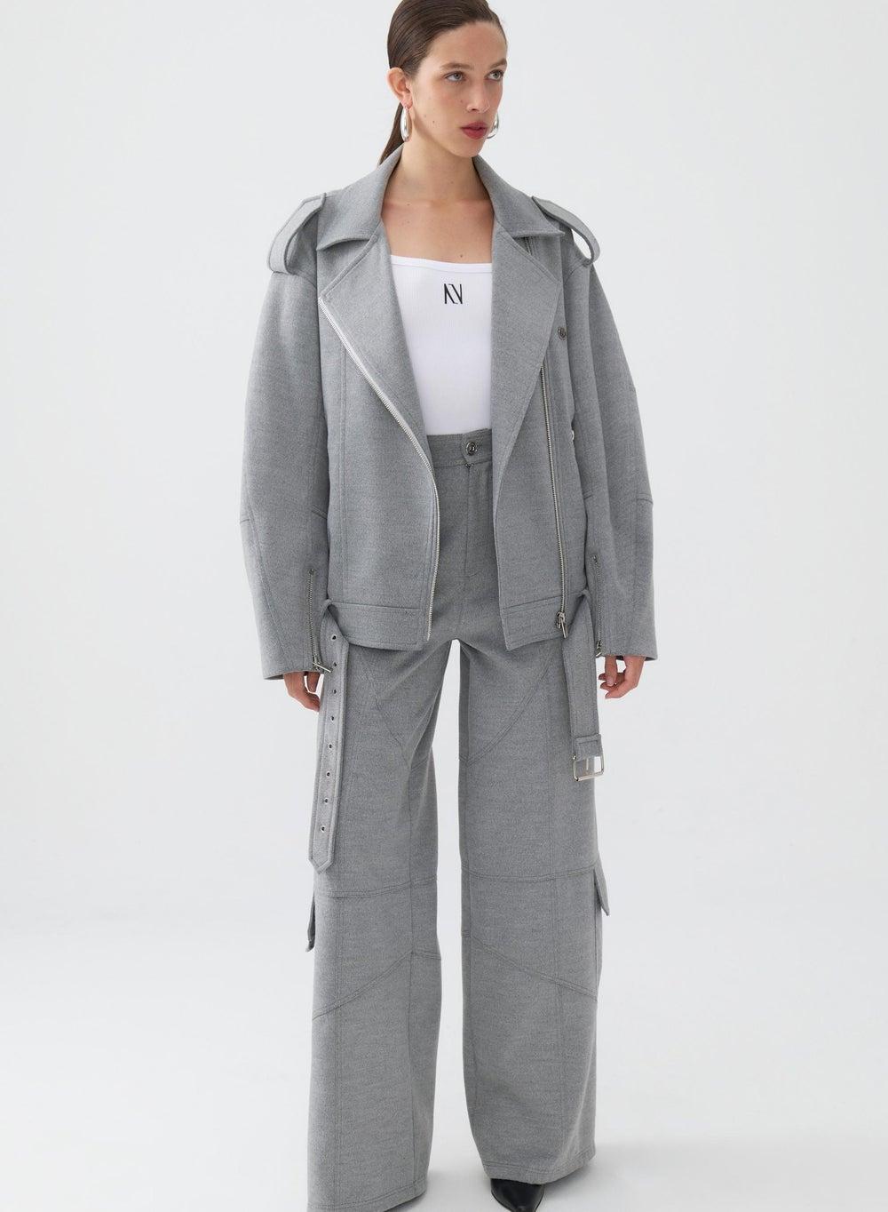 Grey Oversized Double-Breasted Coat with Belt Detail - Image 1