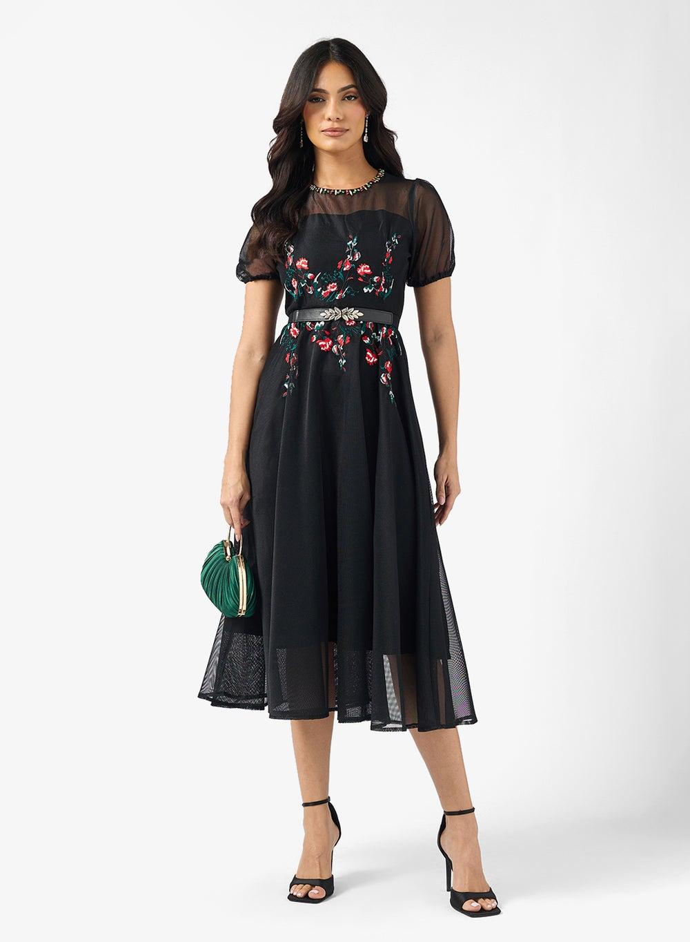 Vt8810 Black Embroidered Midi Fit & Flare Dress - Image 1