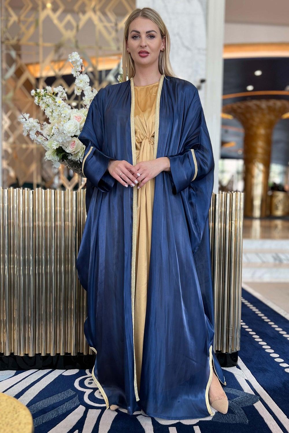 Navy Shimmer Cape Sleeve Bisht Abaya Set - Image 1