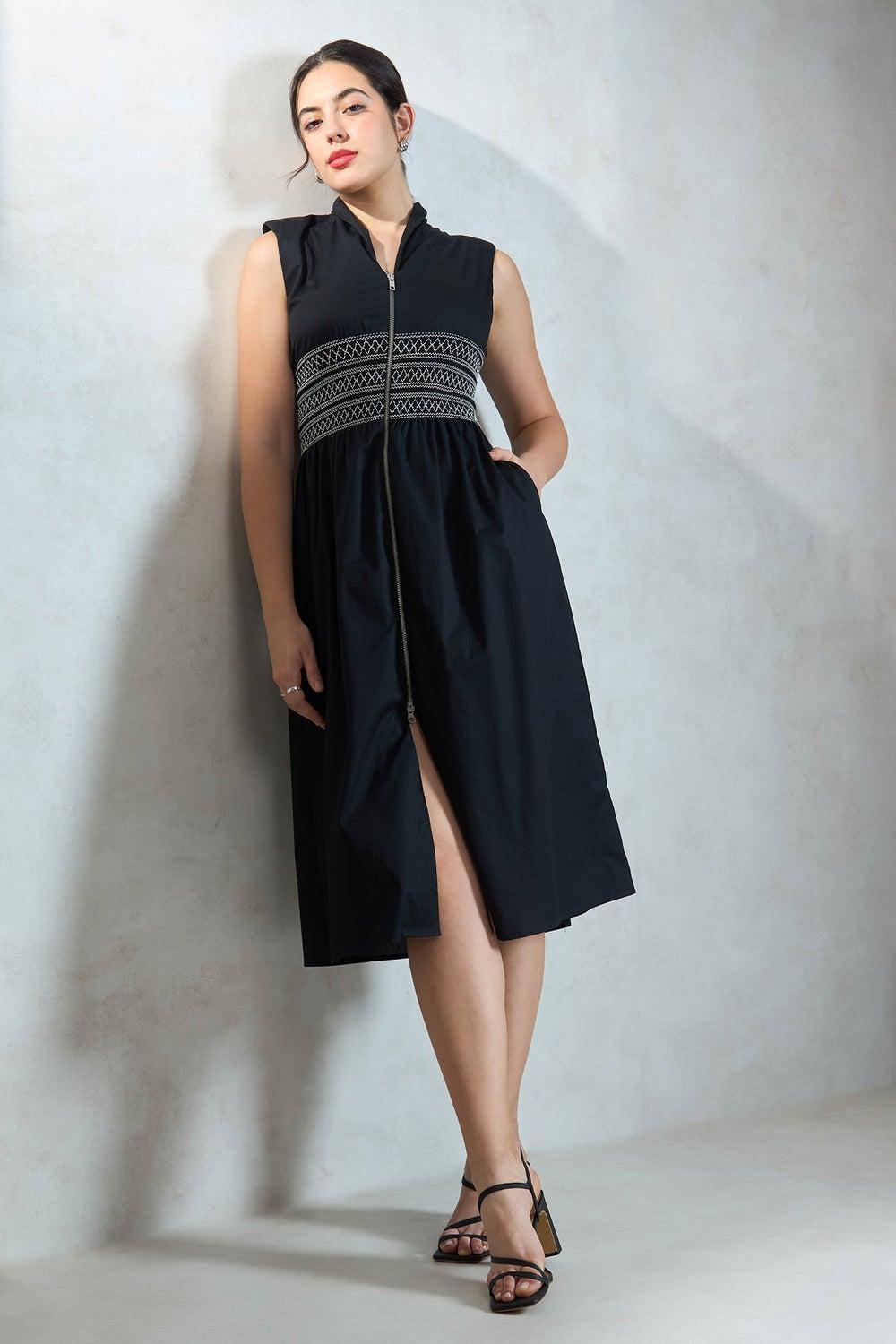 Black Embroidered Zip-Front Midi Dress 62044200 - Image 1