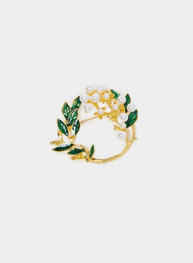 Styli Gold Leaf Pearl Brooch in Green - Image 1