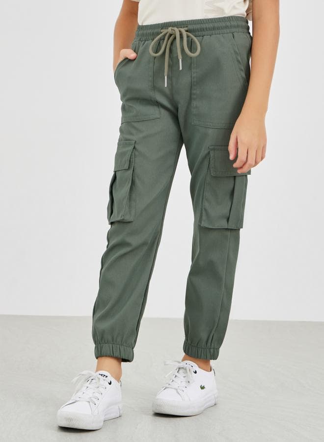 Girls Solid Olive Cargo Pants with Drawstring - Image 1