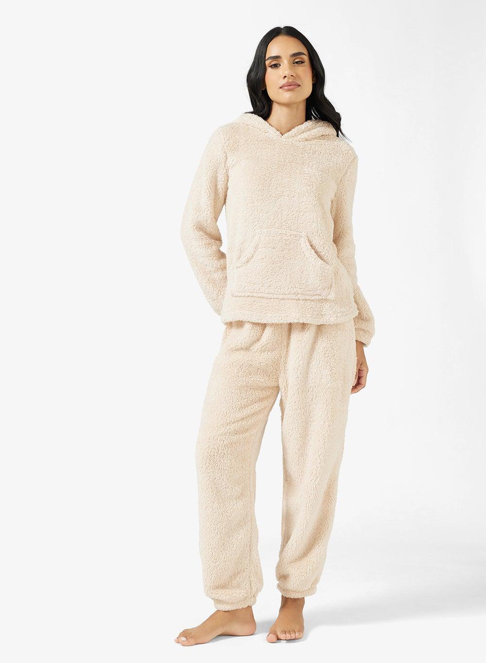 A25N522 Cozy Beige Fleece Hoodie & Pant Set - Image 1