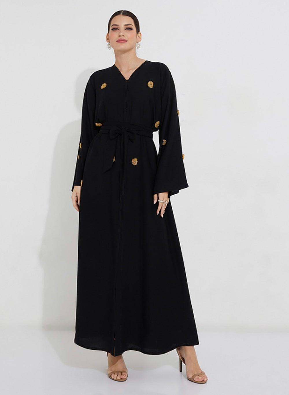 Black Gold Floral Embroidered Abaya with Wide Sleeves - Image 1