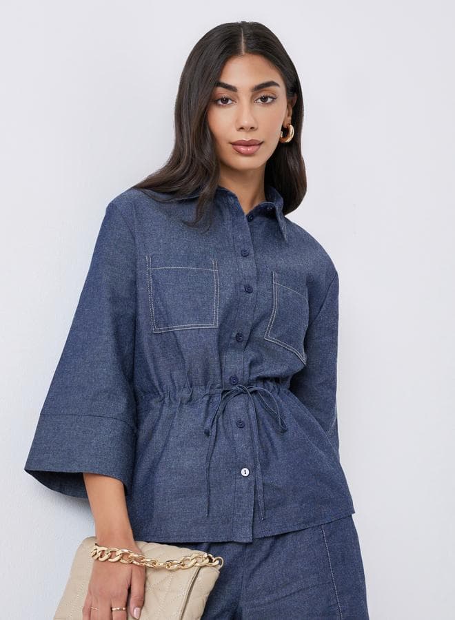 Styli Dark Blue Drawcord Waist Denim Shirt 3/4 Sleeve - Image 1