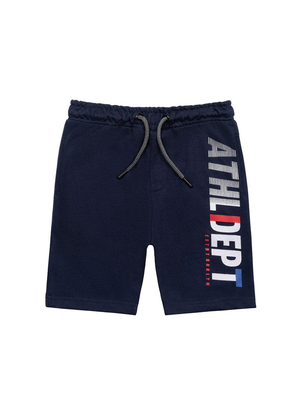Boys Navy Fleece Shorts with Athletic Print - Image 1