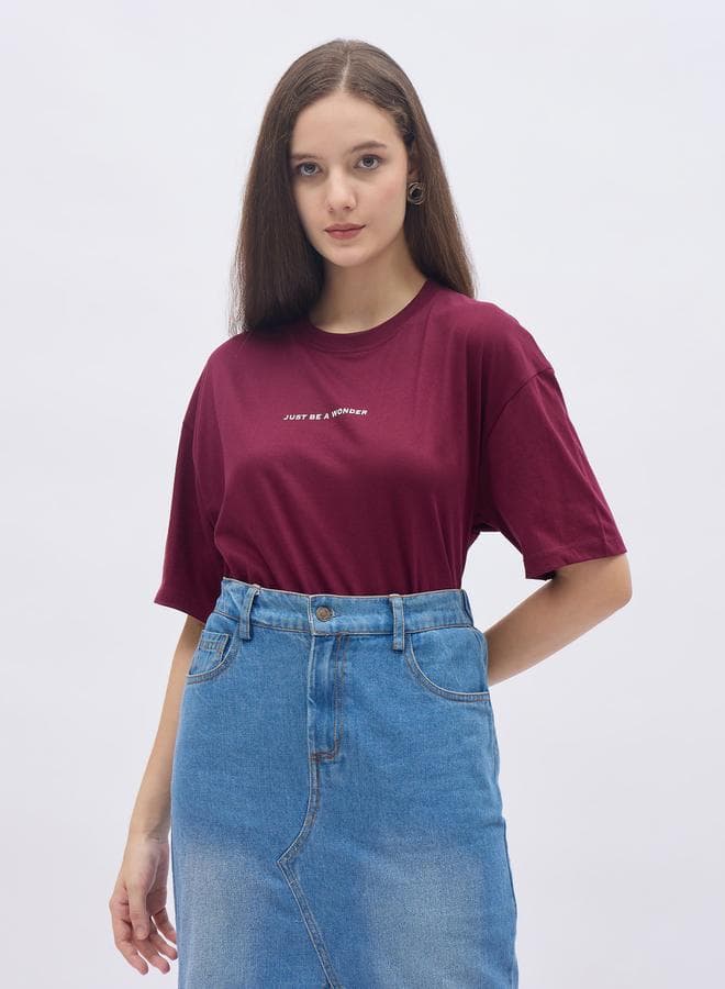 Burgundy Slogan Print Oversized Cotton T-Shirt - Image 1