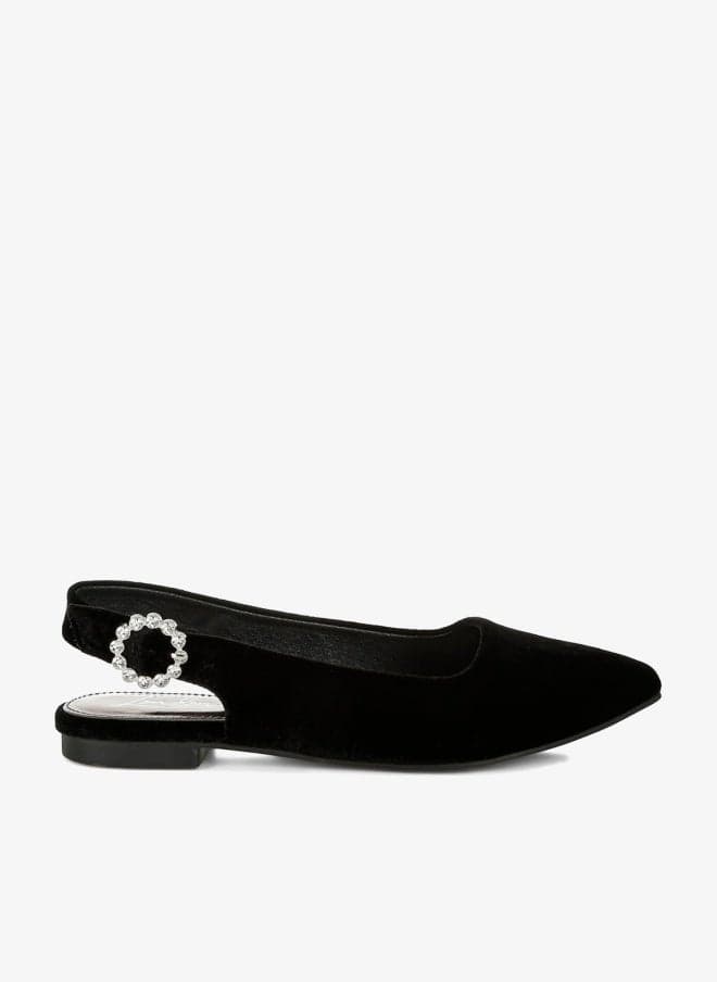 Black Velvet Slingback Flats SH5076 with Rhinestone Buckle - Image 1