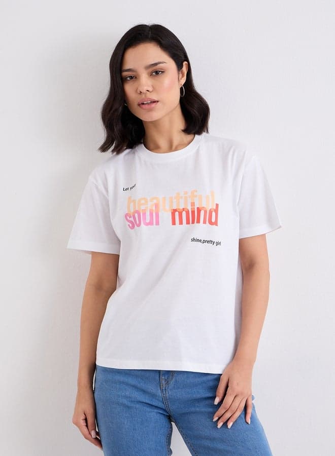 Styli Printed Cotton Round Neck T-Shirt White - Image 1