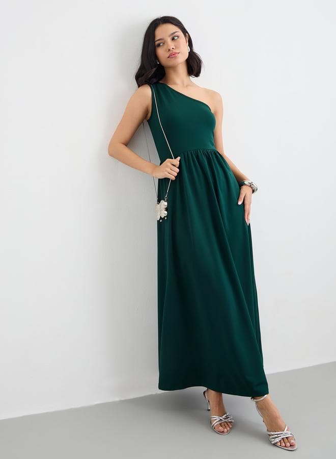 Dark Green One-Shoulder Maxi Dress - Image 1