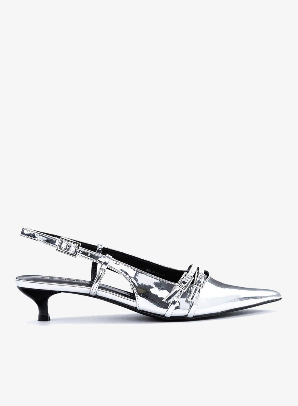 Silver Metallic Slingback Kitten Heel Pumps - Image 1