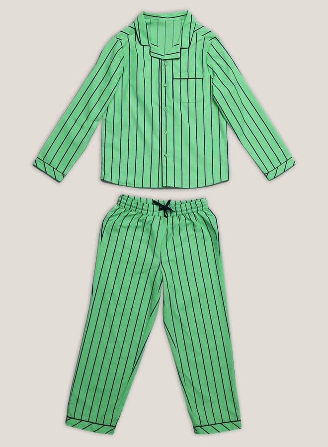 One Friday Boys Green Striped Cotton Night Suit - Image 1