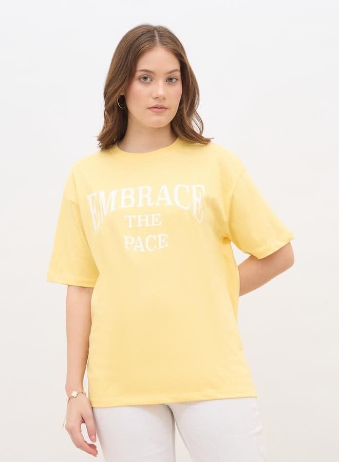 Yellow Slogan Print Oversized Cotton T-Shirt - Image 1