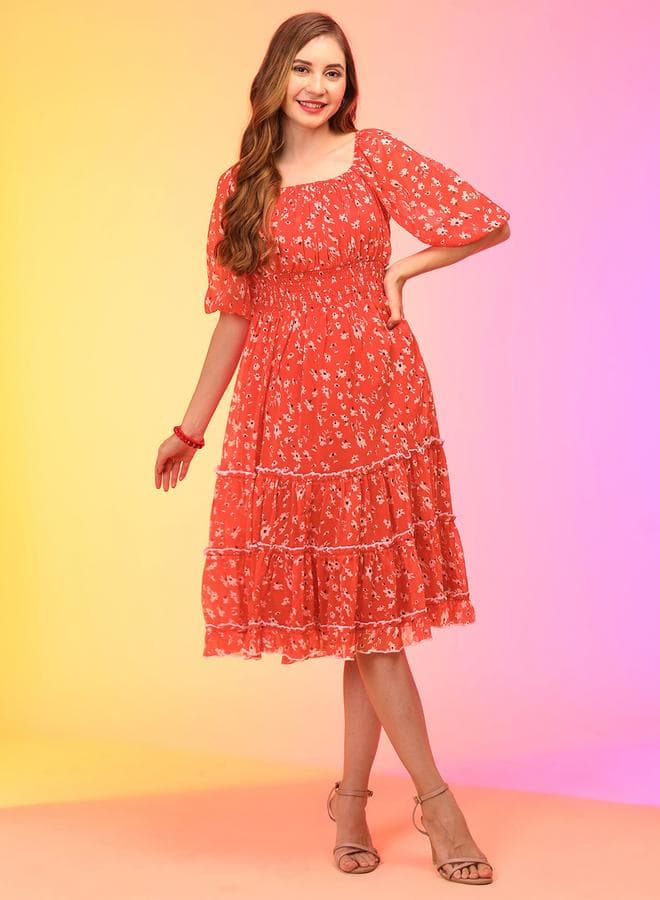 Globus Red Floral Chiffon Balloon Sleeve Midi Dress - Image 1