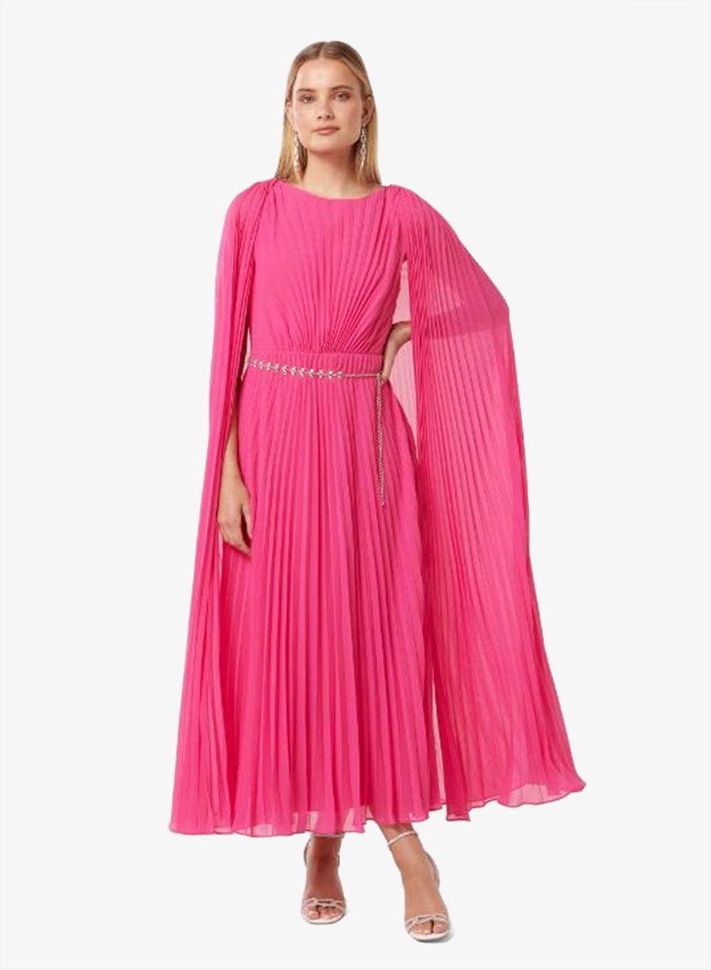 Kelly Pleated Cape Sleeve Maxi Dress in Hot Pink - Image 1