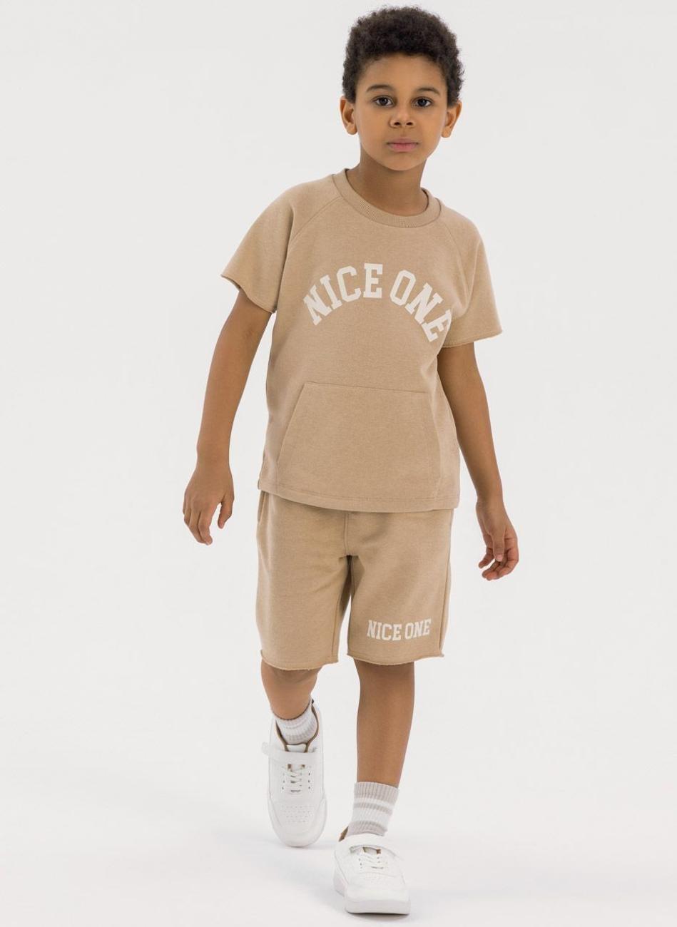 Boys Printed Beige T-Shirt and Shorts Set - Image 1