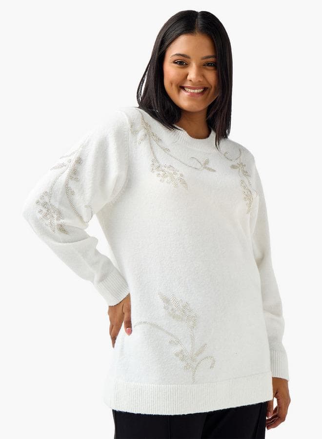 Ulla Popken Relaxed Fit Embellished White Sweater - Image 1