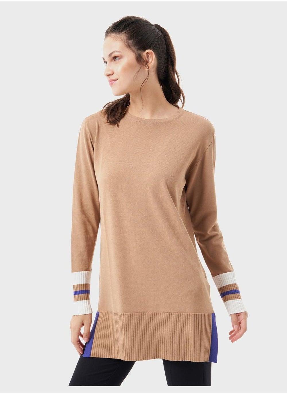 Tan Long Sleeve Tunic Midi Dress with Stripe Cuffs - Image 1