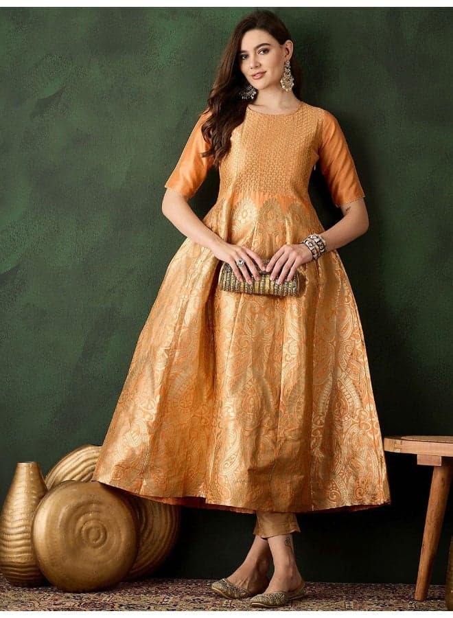 Peach Banarasi Brocade Kalidaar Maxi Dress - Image 1