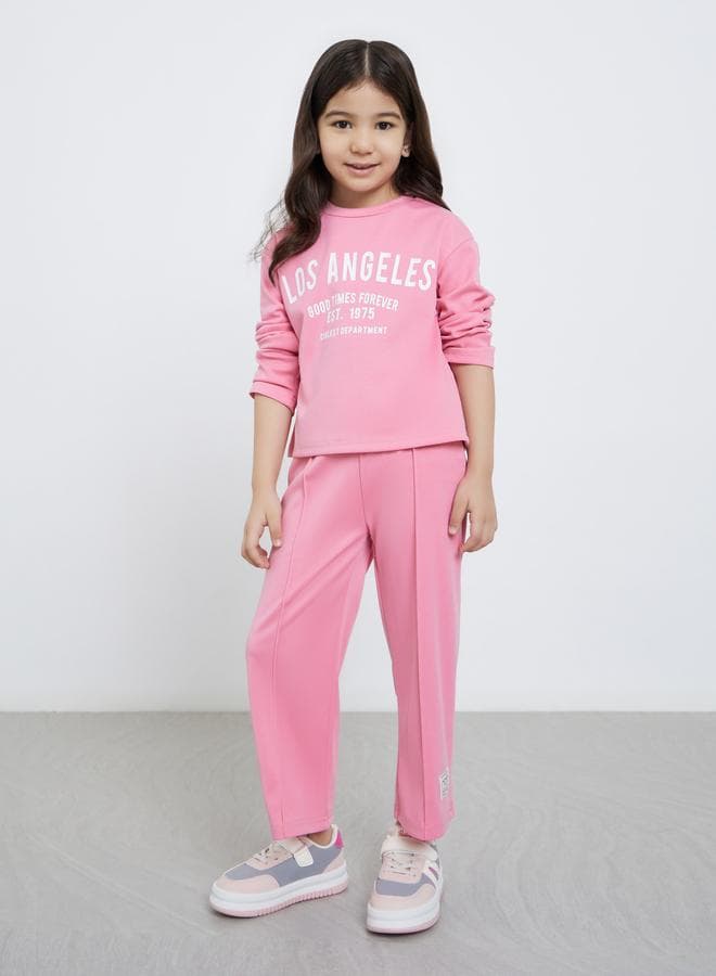 Styli Girls Pink LA Print Top & Joggers Set - Image 1