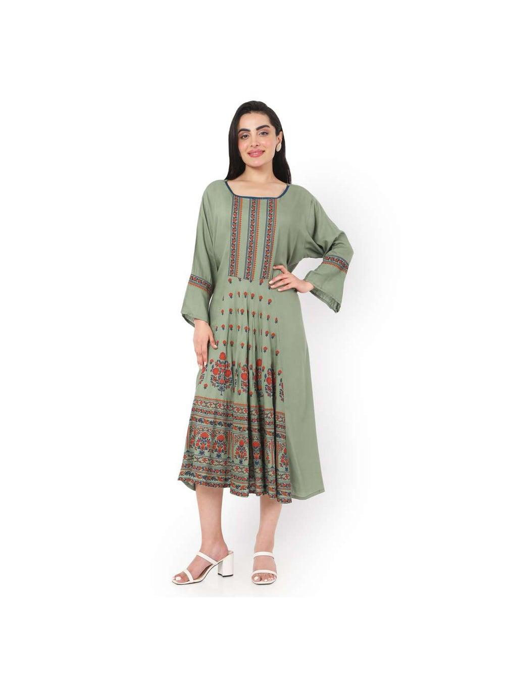 Sage Green Printed Jalabiya Kaftan with Frill Sleeves - Image 1