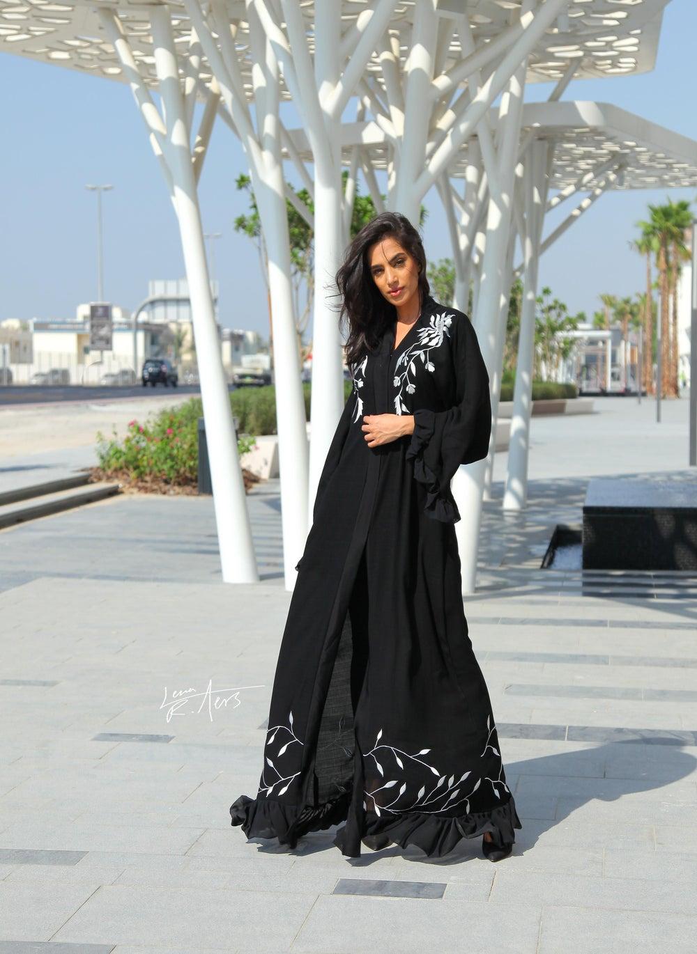 Black Leaf Embroidered Designer Abaya AJ1012A - Image 1