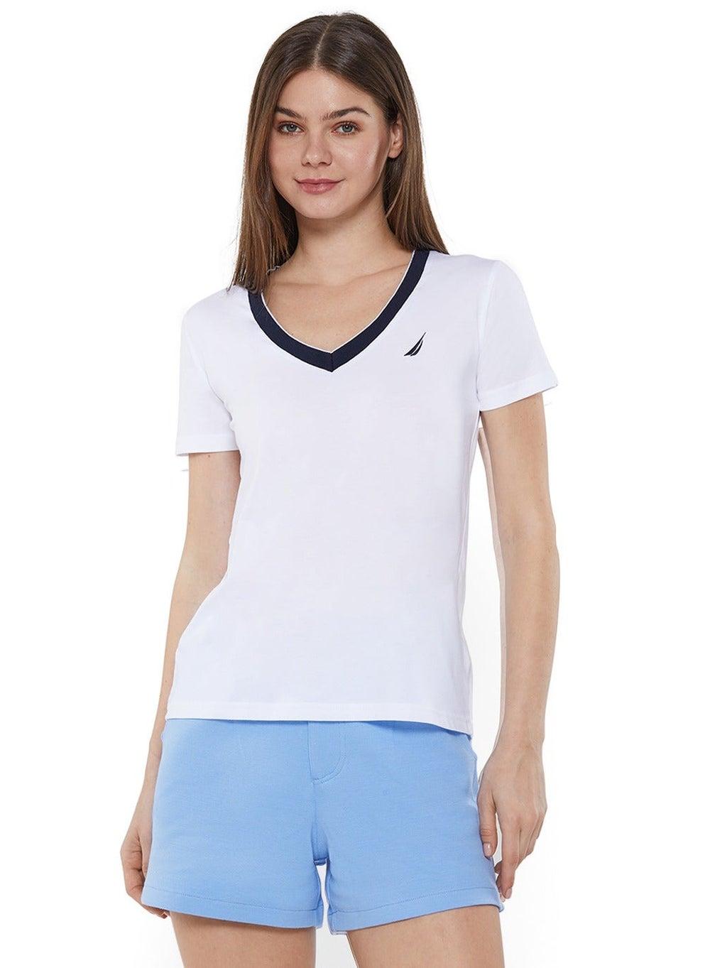 Mae Cotton Blend Logo V-Neck T-Shirt White - Image 1