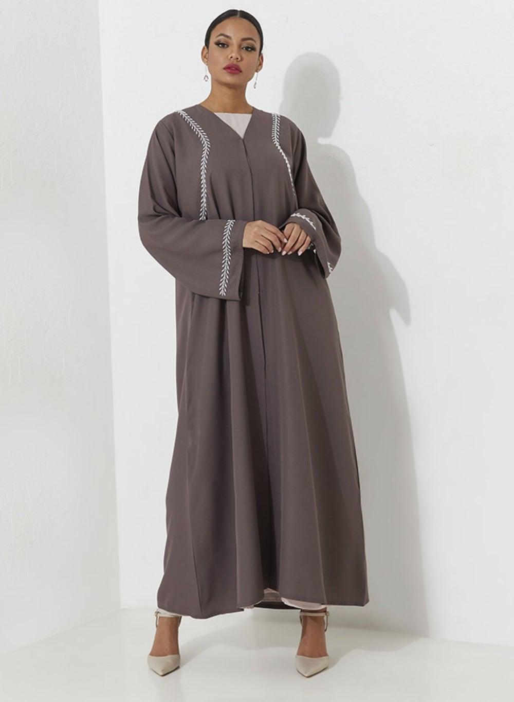 Node Pearl Embellished Brown Abaya with V-Neck - Image 1