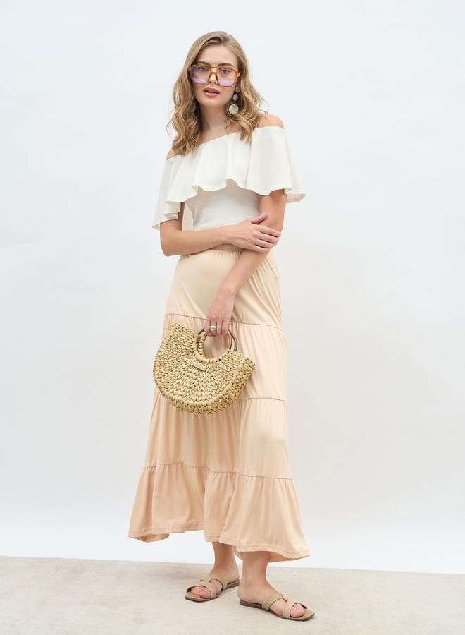Beige Solid Knitted Maxi Skirt Elastic Waist - Image 1