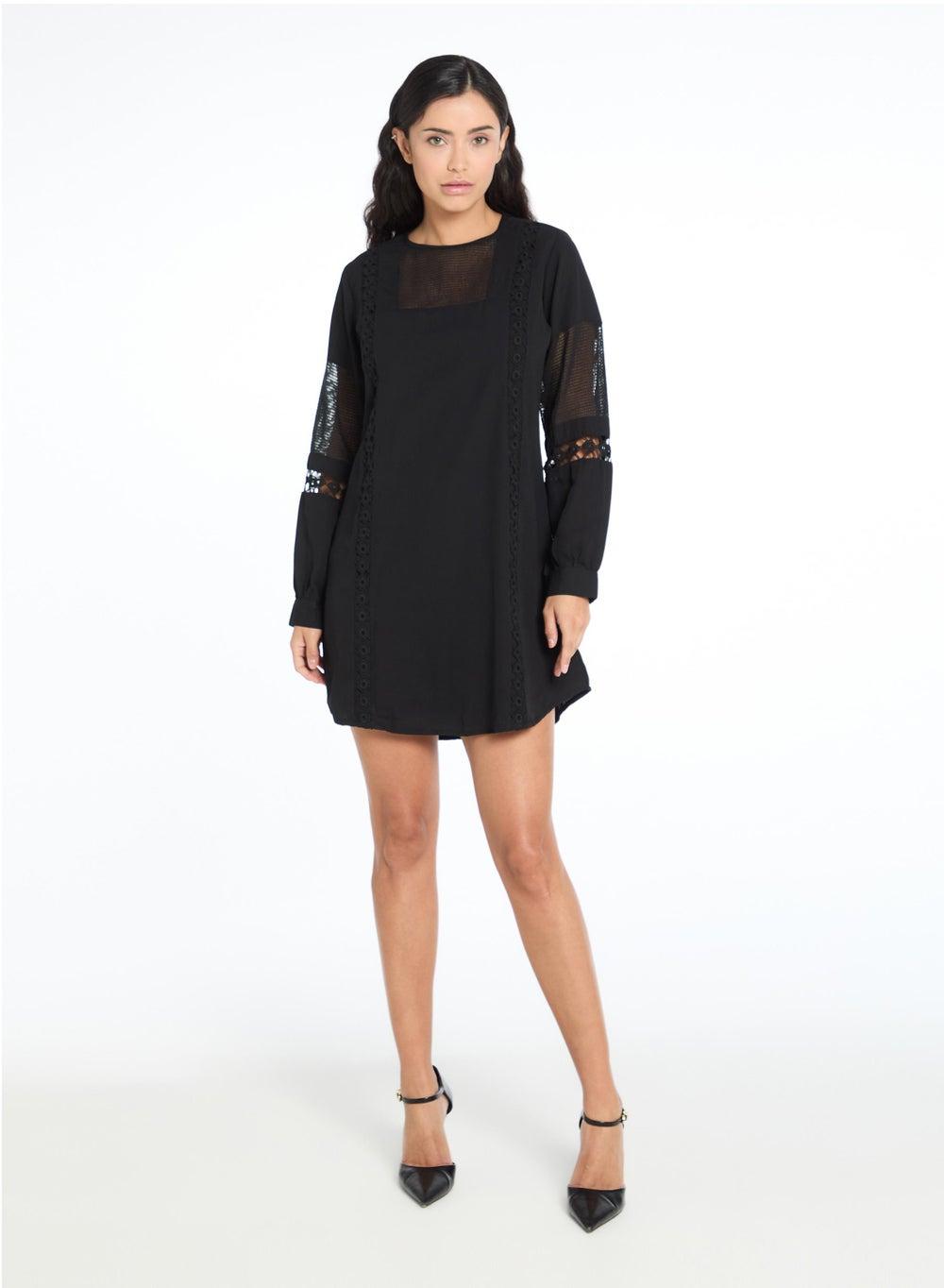 Black Lace Mesh Long Sleeve Mini Dress - Image 1