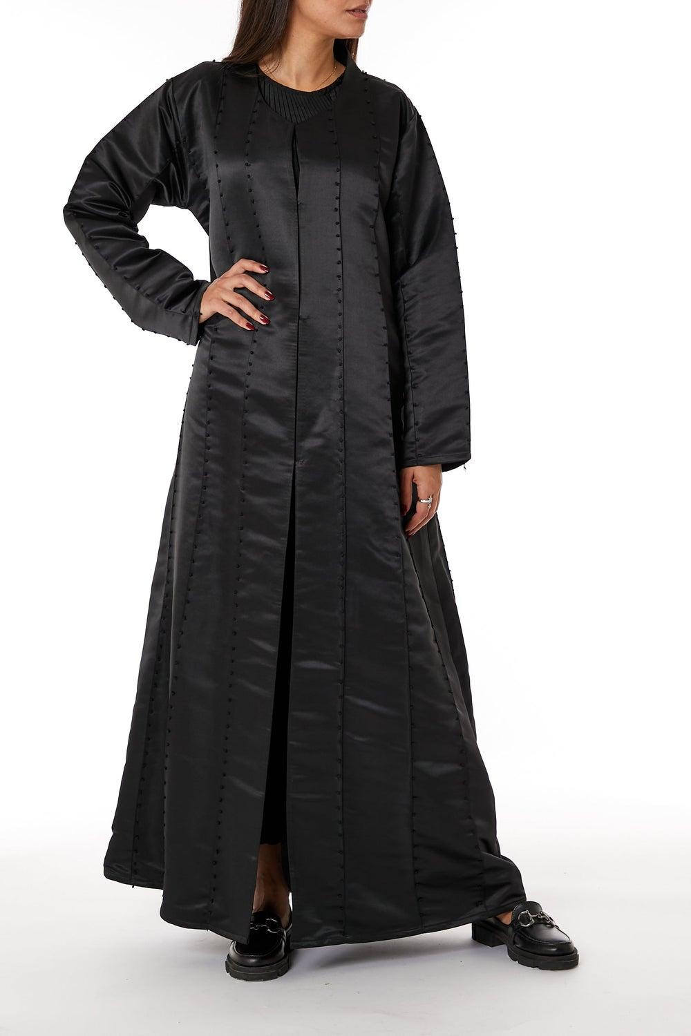 Black Satin Round Neck Asymmetric Abaya - Image 1
