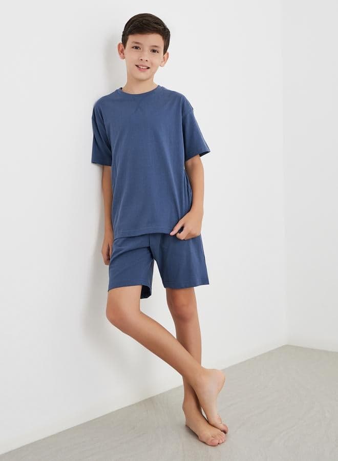 Styli Solid Cotton Boys T-Shirt Shorts Set Blue - Image 1