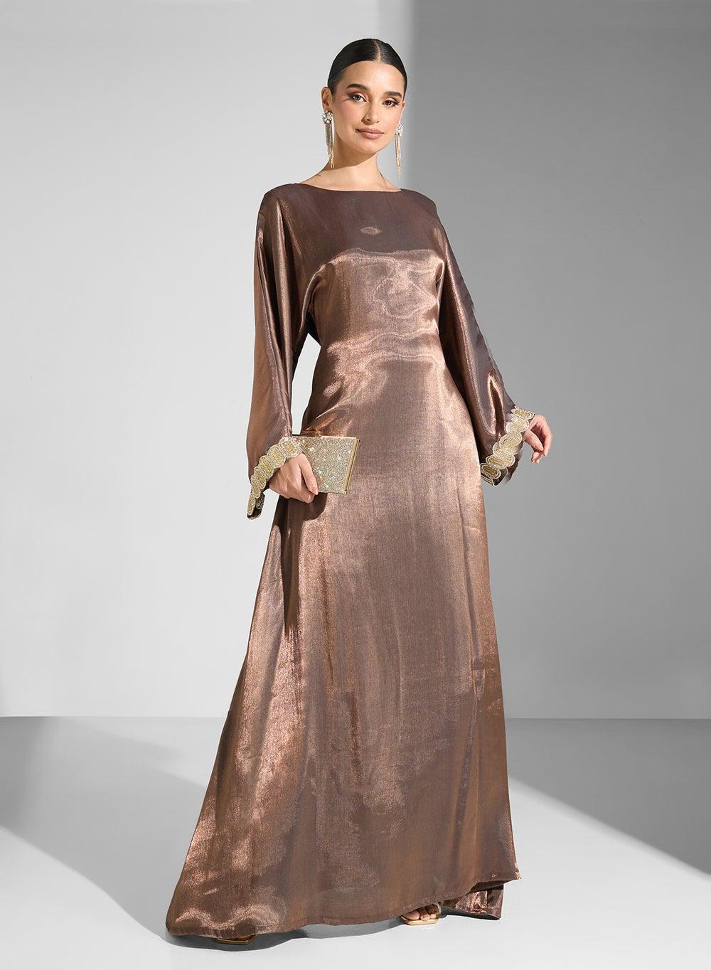 Bronze Metallic Evening Gown with Gold Trim - Image 1