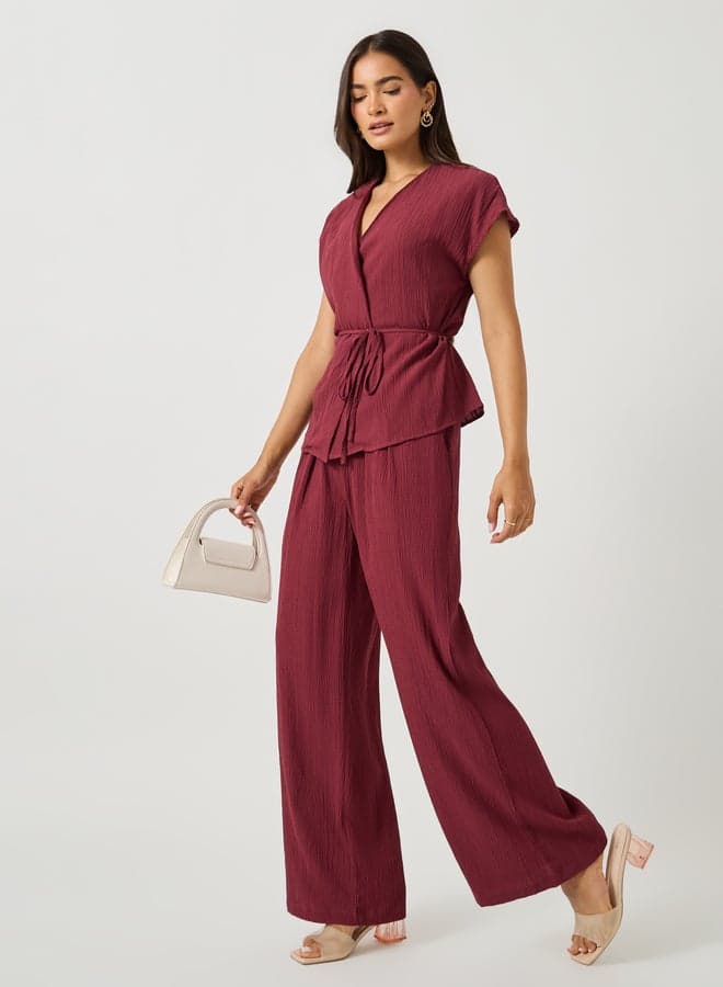 Burgundy Textured Tie-Up Top and Pants Co-Ord Set - Image 1