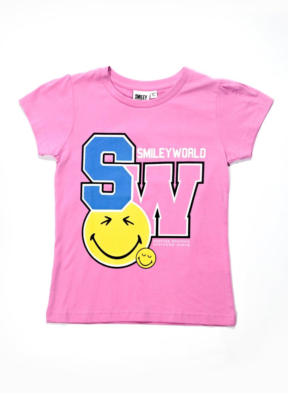 Smiley Girls Pink Graphic Crew Neck T-Shirt - Image 1