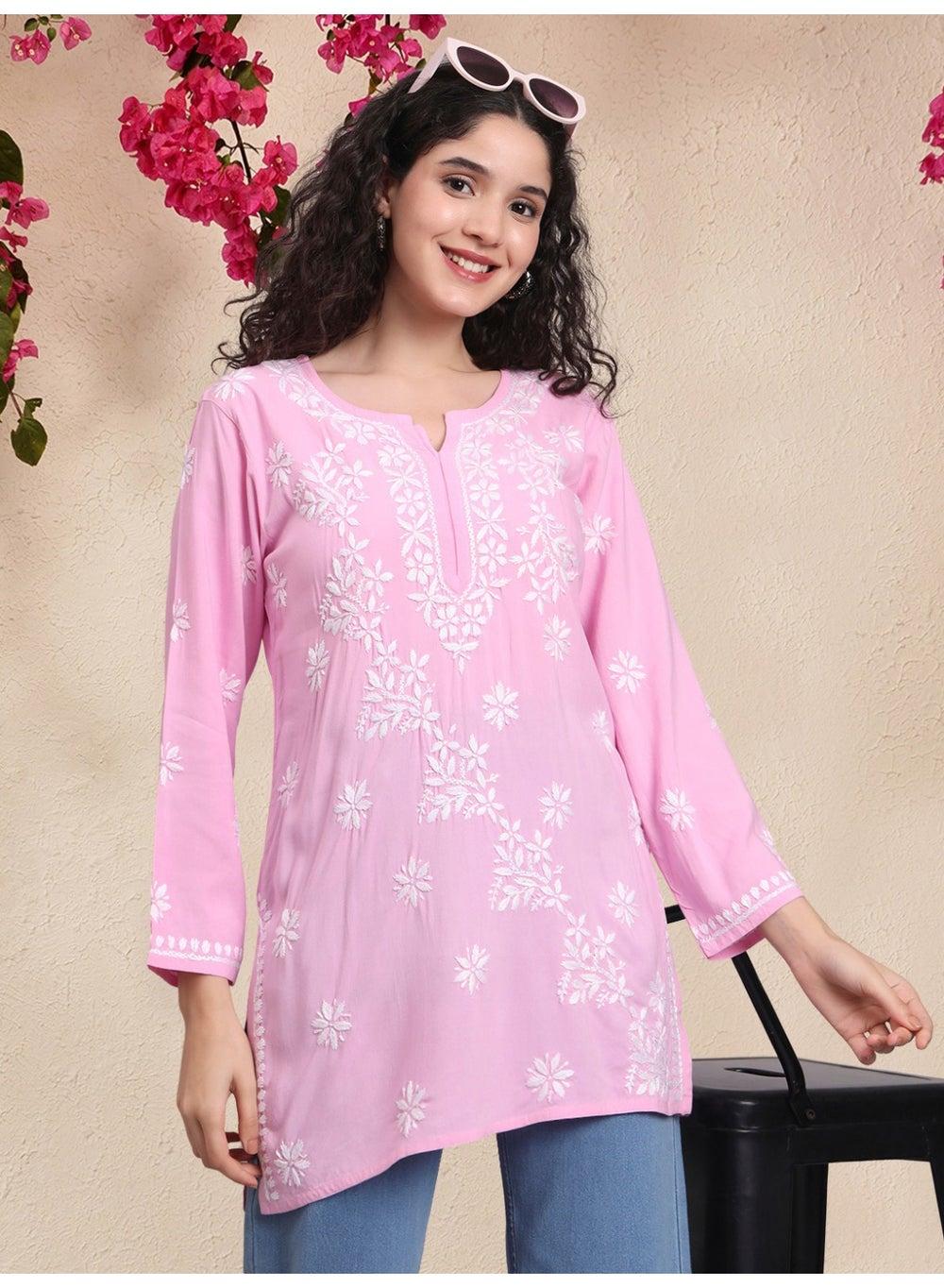 Pink Chikankari Rayon Kurti AL4071 Elegant Straight Fit - Image 1