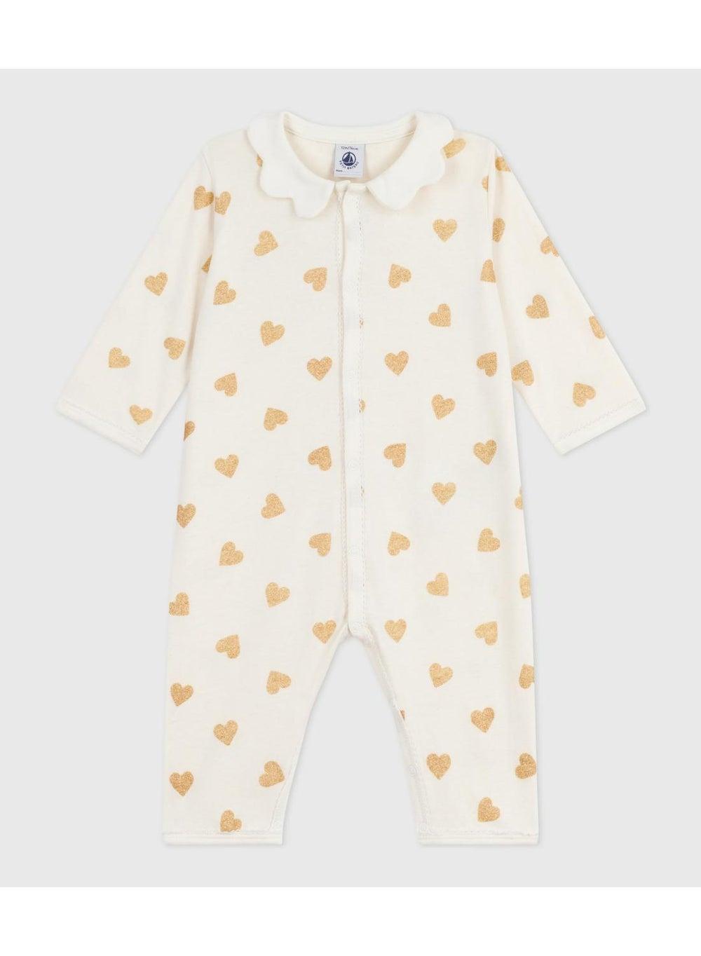 Babies' Footless Golden Heart-Print Cotton Pyjama Suit - Image 1